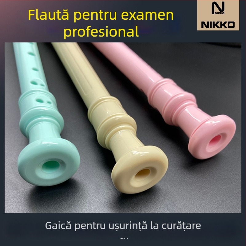 NIKKO recorder cu opt găuri, model german-britanic, pentru copii și începători — include husă, tijă de curățare, cârpă, curea pentru gât, manual de utilizare