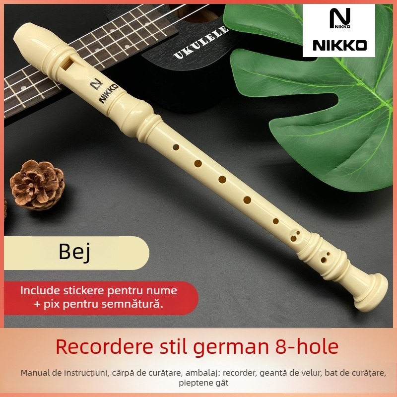 NIKKO recorder cu opt găuri, model german-britanic, pentru copii și începători — include husă, tijă de curățare, cârpă, curea pentru gât, manual de utilizare