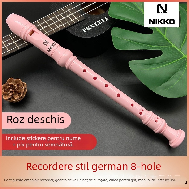 NIKKO recorder cu opt găuri, model german-britanic, pentru copii și începători — include husă, tijă de curățare, cârpă, curea pentru gât, manual de utilizare