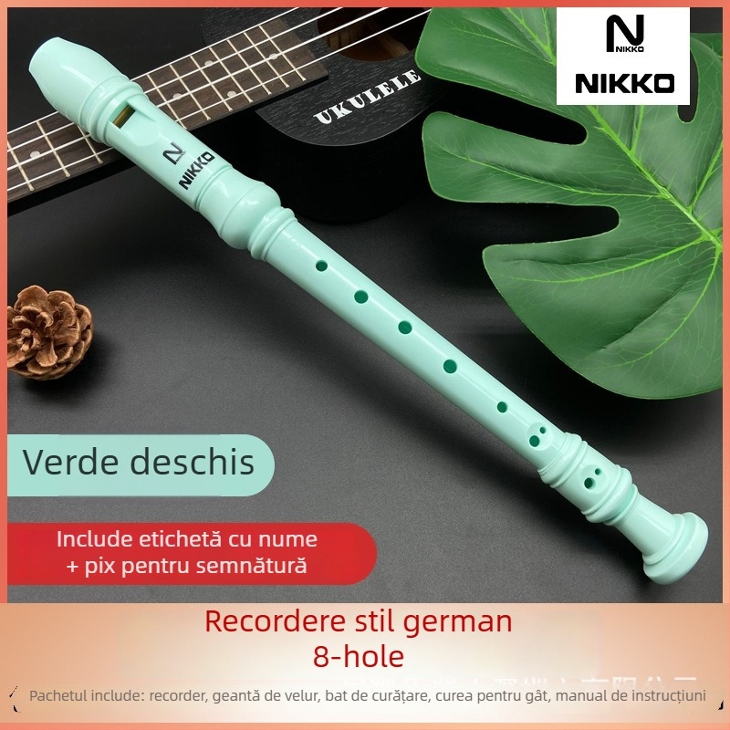 NIKKO recorder cu opt găuri, model german-britanic, pentru copii și începători — include husă, tijă de curățare, cârpă, curea pentru gât, manual de utilizare