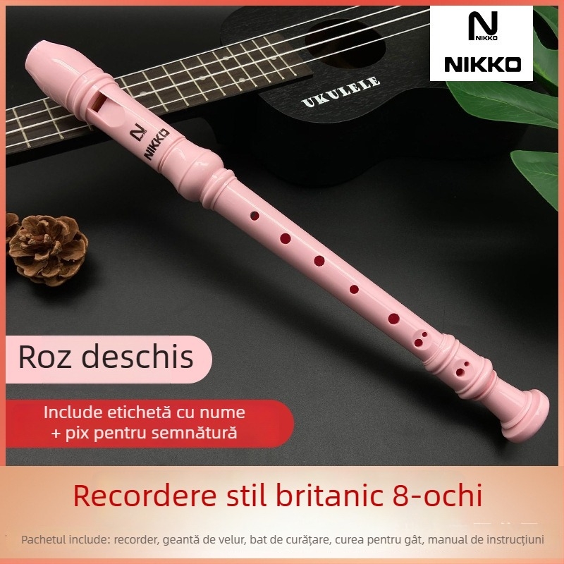 NIKKO recorder cu opt găuri, model german-britanic, pentru copii și începători — include husă, tijă de curățare, cârpă, curea pentru gât, manual de utilizare