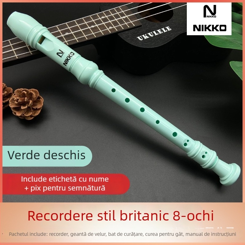 NIKKO recorder cu opt găuri, model german-britanic, pentru copii și începători — include husă, tijă de curățare, cârpă, curea pentru gât, manual de utilizare