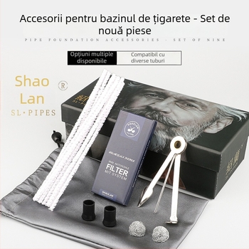Set accesorii pipe din lemn Heather: tijă de presiune, cuțit pentru pipă, curățitor cu ac, filtru pentru pipă, bandă de curățare