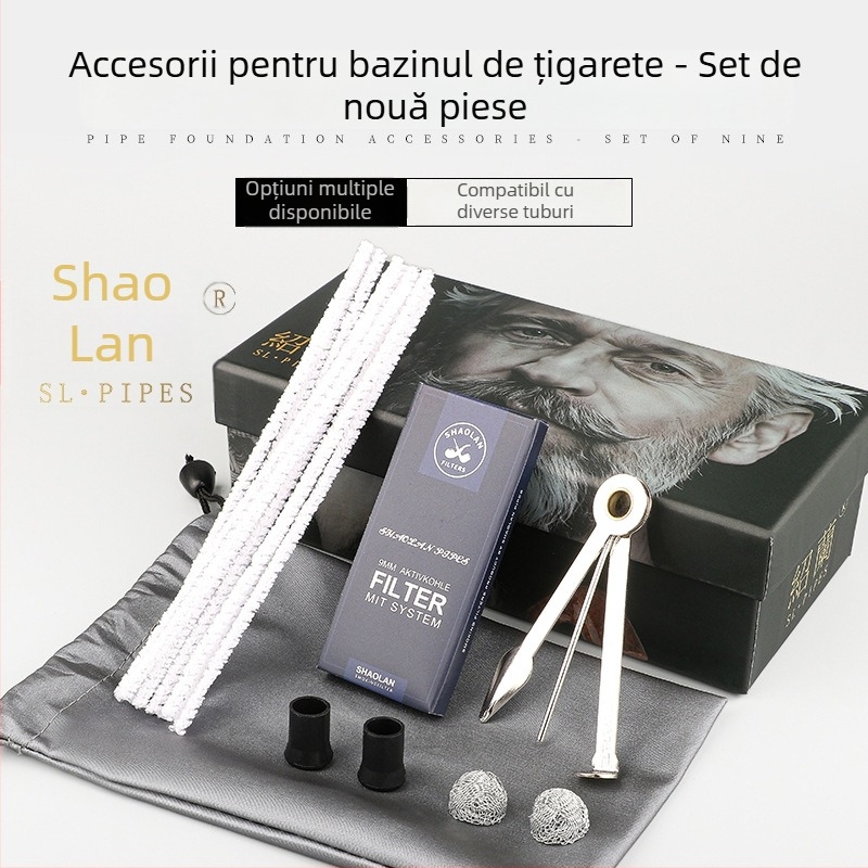 Set accesorii pipe din lemn Heather: tijă de presiune, cuțit pentru pipă, curățitor cu ac, filtru pentru pipă, bandă de curățare