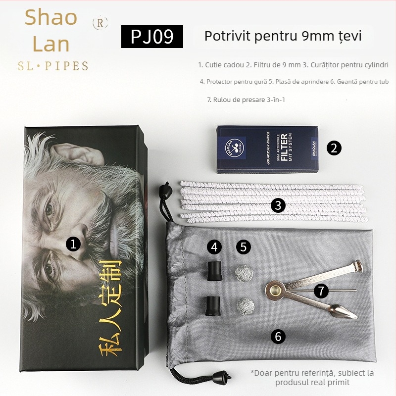 Set accesorii pipe din lemn Heather: tijă de presiune, cuțit pentru pipă, curățitor cu ac, filtru pentru pipă, bandă de curățare