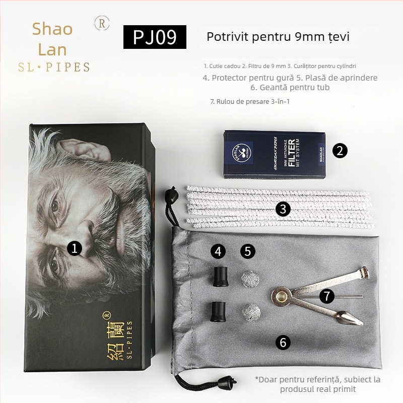 Set accesorii pipe din lemn Heather: tijă de presiune, cuțit pentru pipă, curățitor cu ac, filtru pentru pipă, bandă de curățare