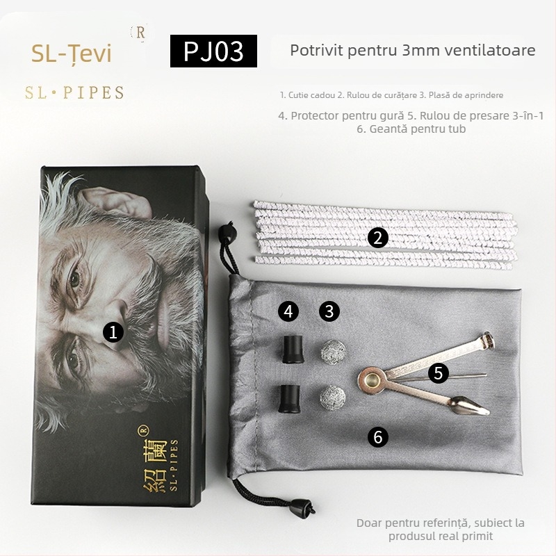 Set accesorii pipe din lemn Heather: tijă de presiune, cuțit pentru pipă, curățitor cu ac, filtru pentru pipă, bandă de curățare