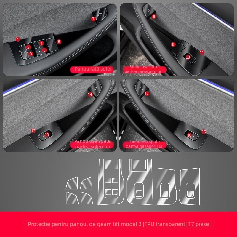 Film protector TPU pentru coloana centrală Tesla Model 3 – protecție împotriva zgârieturilor pentru butoanele de pe volan, butonul de ușă, panoul de control central și panoul de comutatoare ale geamurilor