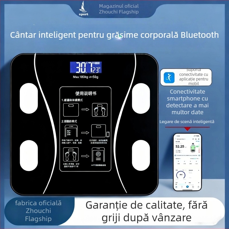 Cântar pentru compoziția corpului cu Bluetooth, încărcare USB, pentru uz casnic, măsoară grăsimea corporală, design simplu, model ZC26
