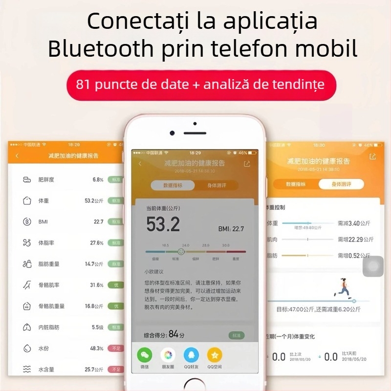 Cântar pentru compoziția corpului cu Bluetooth, încărcare USB, pentru uz casnic, măsoară grăsimea corporală, design simplu, model ZC26