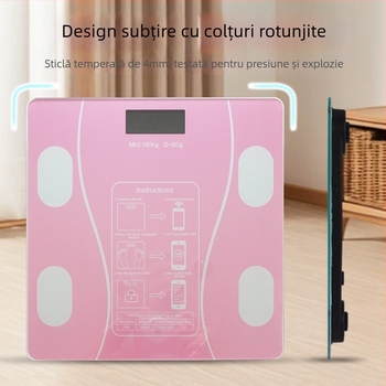 Balanță electronică pentru măsurarea greutății și a țesutului adipos, cu funcții inteligente, afișaj LCD, control prin atingere, sticlă temperată, capacitate 180 kg (baterie/încărcare)