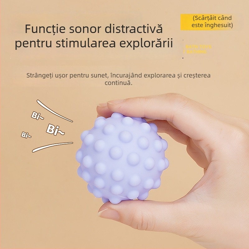 Jucărie de baie pentru bebeluți — minge moale din vinil pentru prindere, percepție tactilă, dezvoltă vederea și auzul (Material: vinil; Vârsta: 3–6 ani)