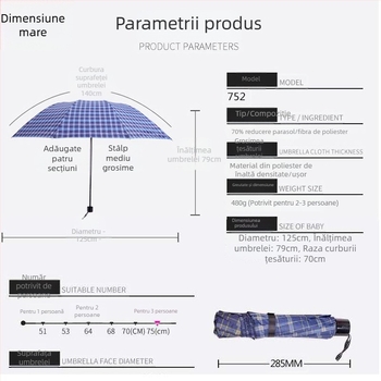Umbrelă pliabilă în carouri, cadru întărit, protecție UV, poliester 190T, deschidere/închidere manuală