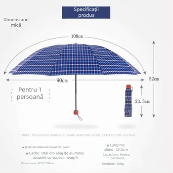Umbrelă pliabilă în carouri, cadru întărit, protecție UV, poliester 190T, deschidere/închidere manuală