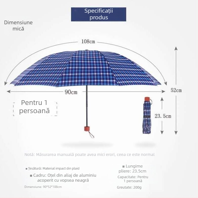 Umbrelă pliabilă în carouri, cadru întărit, protecție UV, poliester 190T, deschidere/închidere manuală