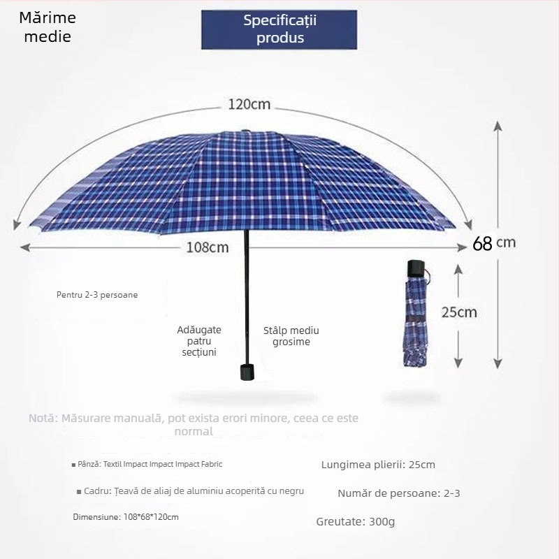 Umbrelă pliabilă în carouri, cadru întărit, protecție UV, poliester 190T, deschidere/închidere manuală