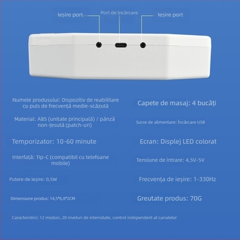 Patch de masaj multifuncțional pentru gât, spate și talie — masaj EMS cu vibrații, 4 electrozi, alimentare USB, mai multe moduri (Model 039)