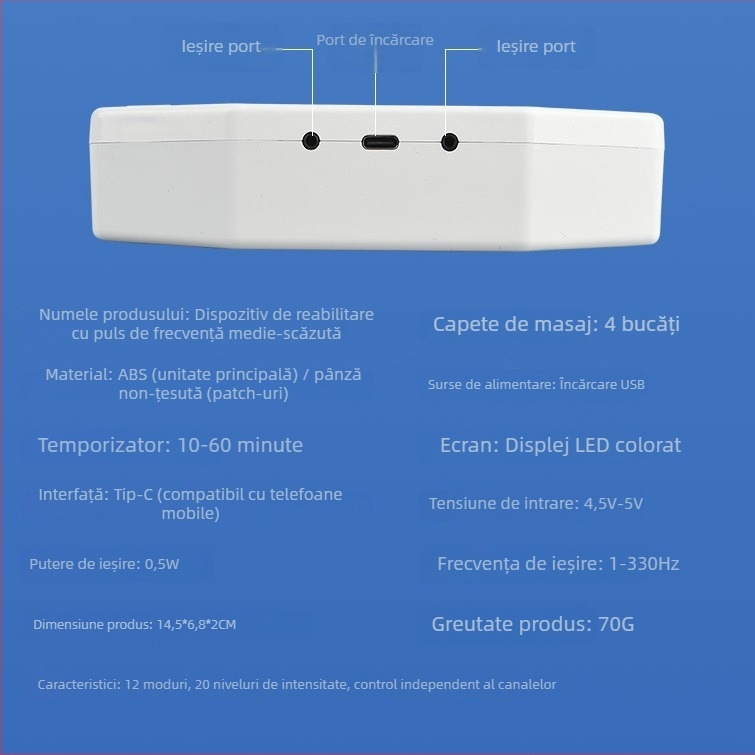 Patch de masaj multifuncțional pentru gât, spate și talie — masaj EMS cu vibrații, 4 electrozi, alimentare USB, mai multe moduri (Model 039)