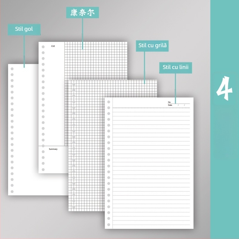 Jurnal cu foi detașabile: pagini cu grilă, liniate și goale, copertă transparentă, model 0325, 60 de foi