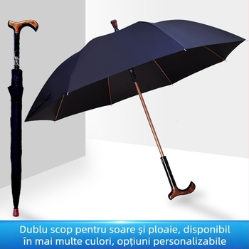 Umbrelă cu mâner lung pentru vârstnici, mâner antiderapant în stil baston, umbrelă detașabilă duală – soare și ploaie, țesătură UPF50+, cadru din aliaj cu 8 brațe, deschidere automată