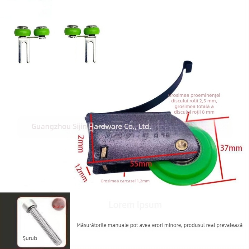 Ruloul ușii glisante cu rolă excentrică — carcasă metalică cu finisaj pulbere, anticoroziune, rază a canalului pentru frânghie 20 mm, sarcină maximă 50 kg