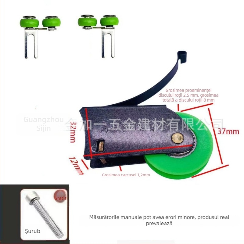 Ruloul ușii glisante cu rolă excentrică — carcasă metalică cu finisaj pulbere, anticoroziune, rază a canalului pentru frânghie 20 mm, sarcină maximă 50 kg