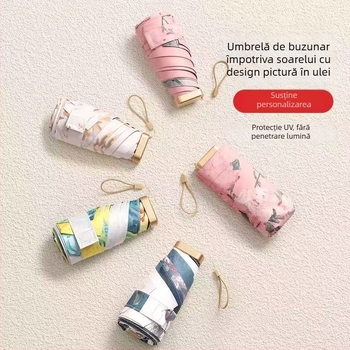 Umbrelă cu pictură în ulei, umbrelă capsulă pentru soare și ploaie, ramă din fier cu 6 brațe, UPF 50+, deschidere/închidere manuală