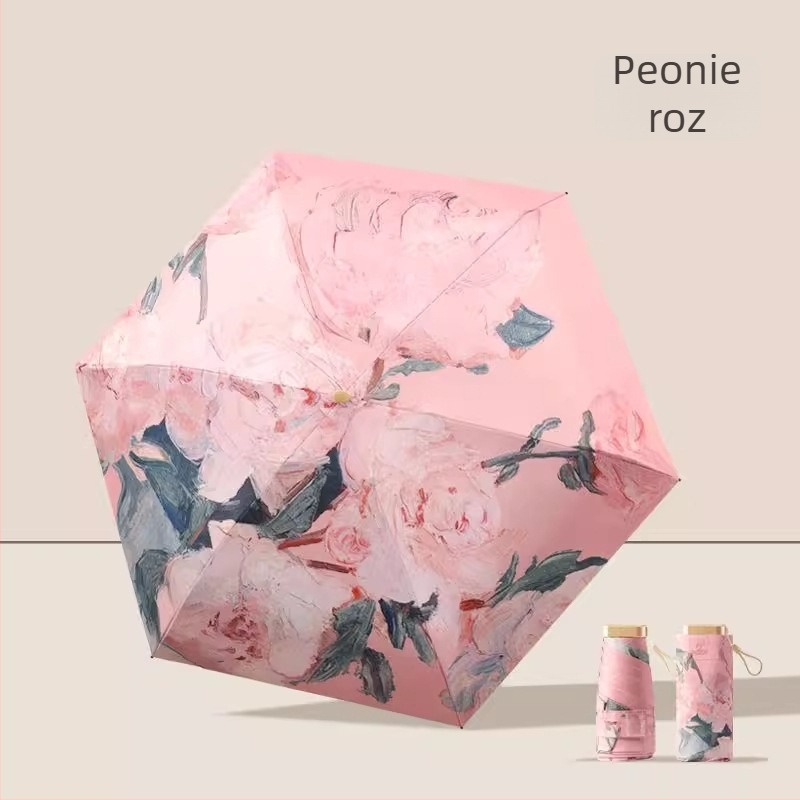 Umbrelă cu pictură în ulei, umbrelă capsulă pentru soare și ploaie, ramă din fier cu 6 brațe, UPF 50+, deschidere/închidere manuală