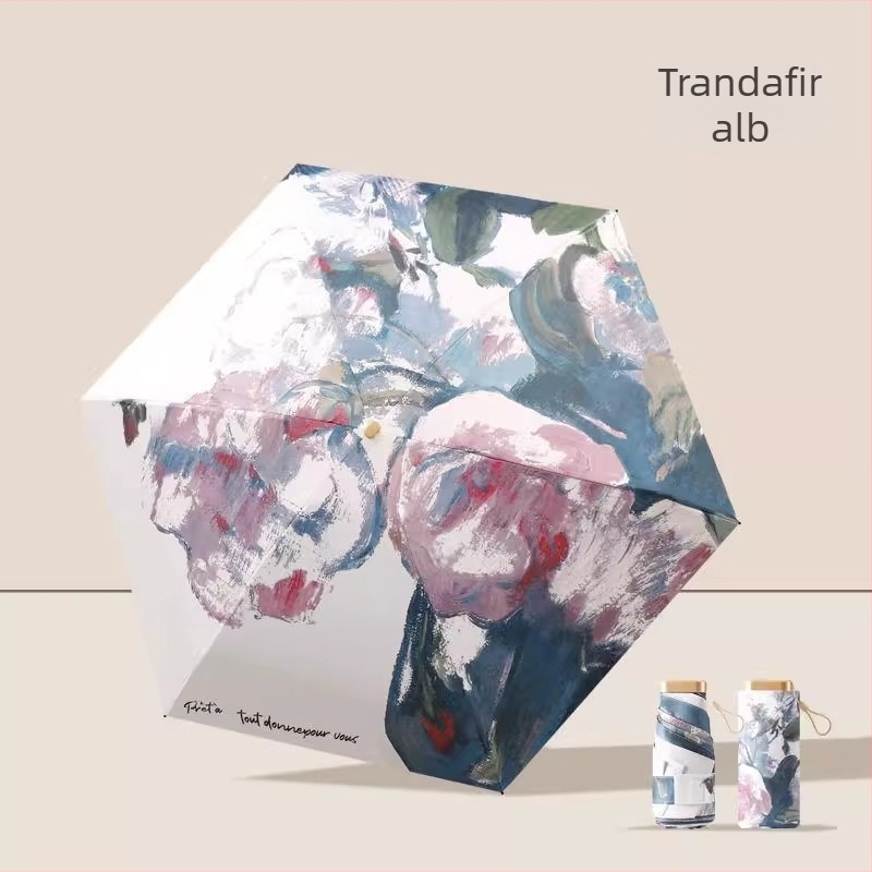 Umbrelă cu pictură în ulei, umbrelă capsulă pentru soare și ploaie, ramă din fier cu 6 brațe, UPF 50+, deschidere/închidere manuală