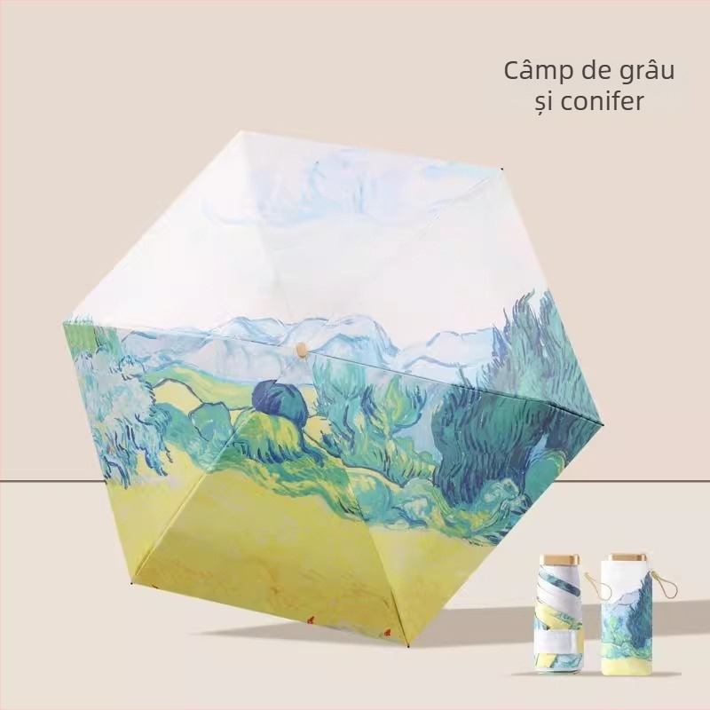 Umbrelă cu pictură în ulei, umbrelă capsulă pentru soare și ploaie, ramă din fier cu 6 brațe, UPF 50+, deschidere/închidere manuală