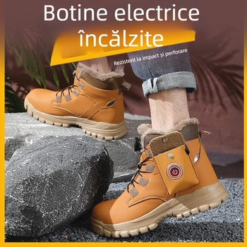 Pantofi de muncă încălziți cu încălzire USB, protecție împotriva ciocnirii și înțepării, pantofi de zăpadă pentru exterior, partea superioară din piele sintetică, talpă din cauciuc