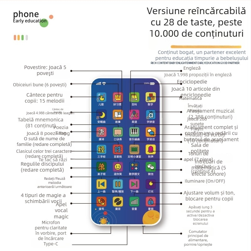 Telefon educațional pentru copii 4–6 ani – Telefon interactiv cu ecran tactil pentru învățare, baterie Li-ion reîncărcabilă, mesaje muzicale și jocuri părinte-copil