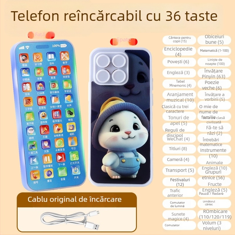 Telefon educațional pentru copii 4–6 ani – Telefon interactiv cu ecran tactil pentru învățare, baterie Li-ion reîncărcabilă, mesaje muzicale și jocuri părinte-copil