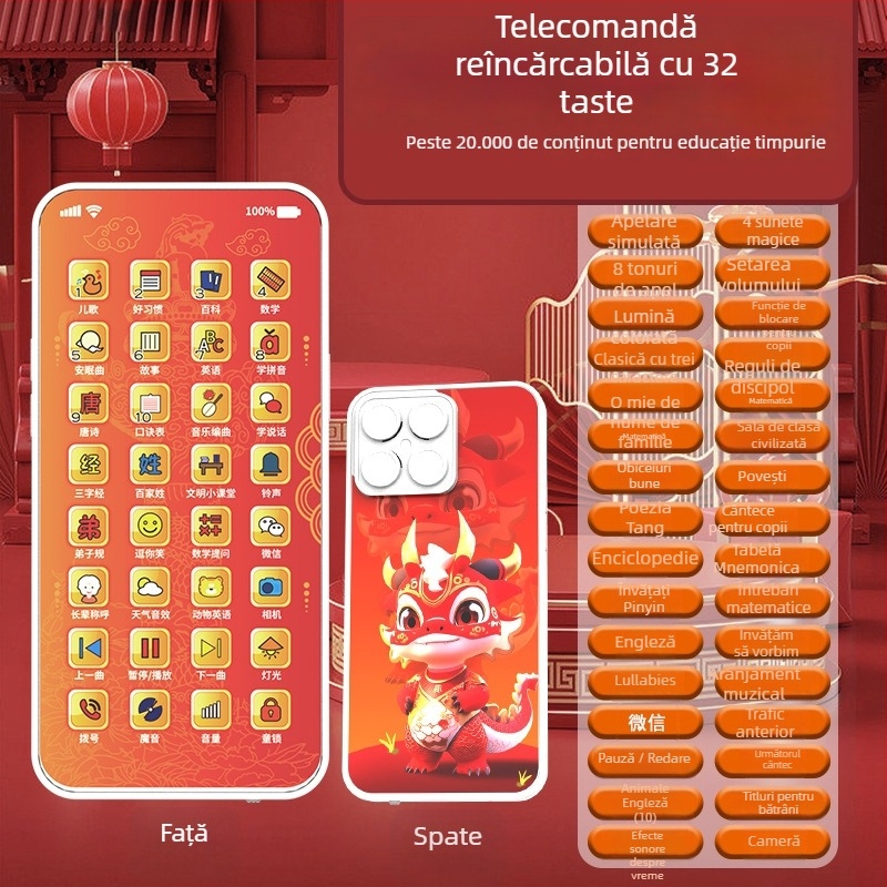 Telefon educațional pentru copii 4–6 ani – Telefon interactiv cu ecran tactil pentru învățare, baterie Li-ion reîncărcabilă, mesaje muzicale și jocuri părinte-copil