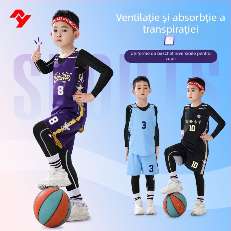 Set de uniforme de baschet pentru copii, patru piese – 100% poliester, uscare rapidă, respirabil, absorbție a umezelii, unisex