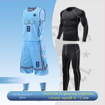 Set uniformă baschet – tricou fără mâneci cu decolteu în V, croială lejeră, 100% poliester, uscare rapidă, respirabil, absorbția umezelii