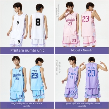 Set uniformă baschet – tricou fără mâneci cu decolteu în V, croială lejeră, 100% poliester, uscare rapidă, respirabil, absorbția umezelii