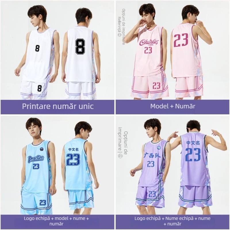 Set uniformă baschet – tricou fără mâneci cu decolteu în V, croială lejeră, 100% poliester, uscare rapidă, respirabil, absorbția umezelii