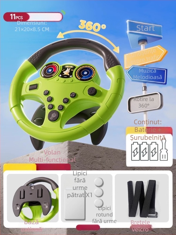 Volan de jucărie pentru copii cu scop educațional — lumini intermitente și muzică/vorbire, din plastic, funcționează pe baterii, potrivit pentru copii 4–6 ani, dezvoltă coordonarea mână-ochi