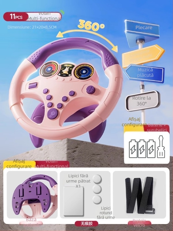 Volan de jucărie pentru copii cu scop educațional — lumini intermitente și muzică/vorbire, din plastic, funcționează pe baterii, potrivit pentru copii 4–6 ani, dezvoltă coordonarea mână-ochi