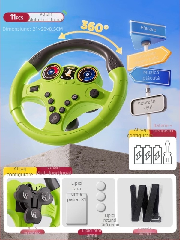 Volan de jucărie pentru copii cu scop educațional — lumini intermitente și muzică/vorbire, din plastic, funcționează pe baterii, potrivit pentru copii 4–6 ani, dezvoltă coordonarea mână-ochi