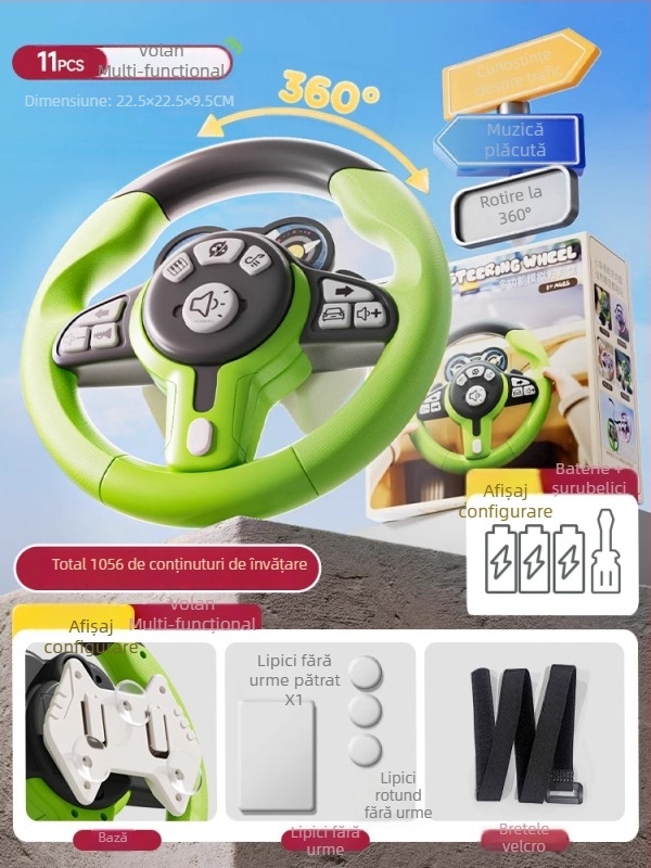 Volan de jucărie pentru copii cu scop educațional — lumini intermitente și muzică/vorbire, din plastic, funcționează pe baterii, potrivit pentru copii 4–6 ani, dezvoltă coordonarea mână-ochi