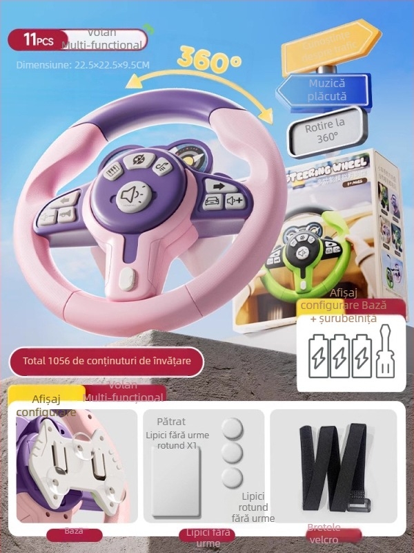 Volan de jucărie pentru copii cu scop educațional — lumini intermitente și muzică/vorbire, din plastic, funcționează pe baterii, potrivit pentru copii 4–6 ani, dezvoltă coordonarea mână-ochi