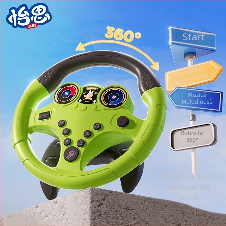 Volan de jucărie pentru copii cu scop educațional — lumini intermitente și muzică/vorbire, din plastic, funcționează pe baterii, potrivit pentru copii 4–6 ani, dezvoltă coordonarea mână-ochi