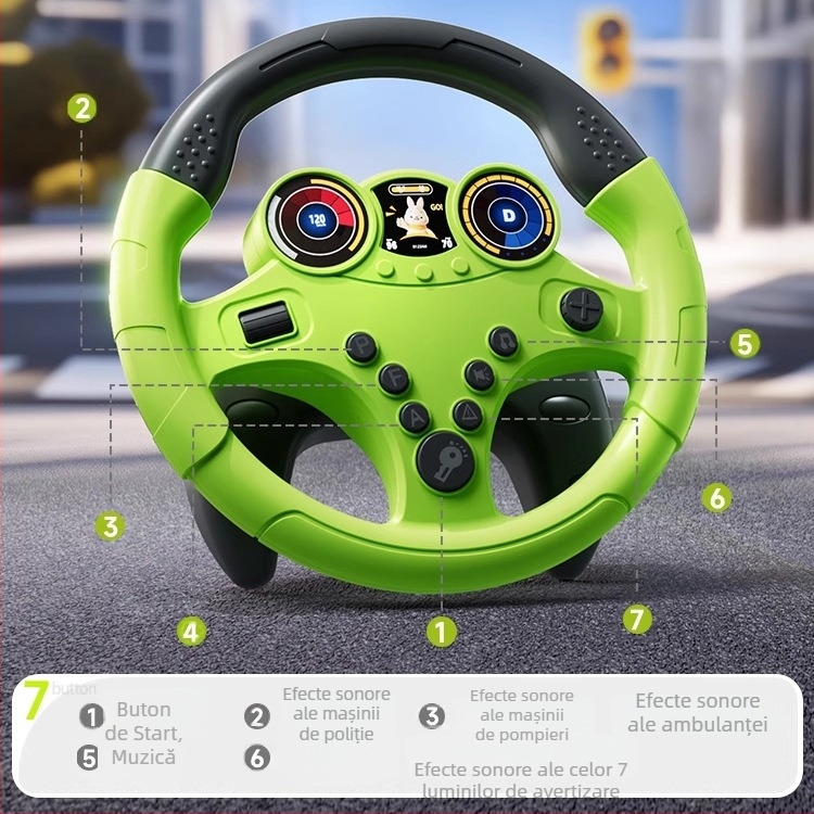 Volan de jucărie pentru copii cu scop educațional — lumini intermitente și muzică/vorbire, din plastic, funcționează pe baterii, potrivit pentru copii 4–6 ani, dezvoltă coordonarea mână-ochi