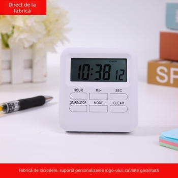 Cronometru de bucătărie electronic cu afișaj LCD, corp pătrat din plastic, alarmă și cronograf (Mișcare electronică, Baterie, Carcasă plastică)