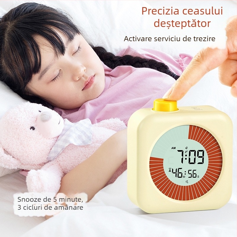 Ceas deșteptător pentru disciplina elevilor – silențios, cu afișaj LCD, carcasă pătrată din plastic, alimentare cu baterii, funcții de alarmă și timer (Mecanism electronic, afișaj LCD, design pătrat, carcasă din plastic, alimentare cu baterii)