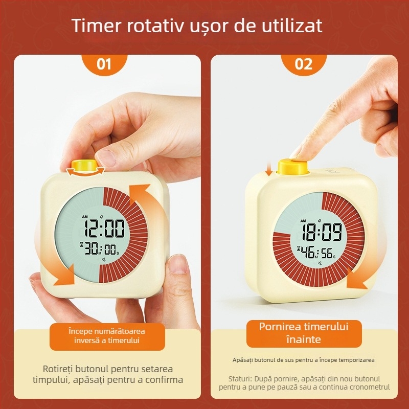 Ceas deșteptător pentru disciplina elevilor – silențios, cu afișaj LCD, carcasă pătrată din plastic, alimentare cu baterii, funcții de alarmă și timer (Mecanism electronic, afișaj LCD, design pătrat, carcasă din plastic, alimentare cu baterii)