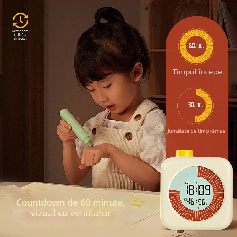 Ceas deșteptător pentru disciplina elevilor – silențios, cu afișaj LCD, carcasă pătrată din plastic, alimentare cu baterii, funcții de alarmă și timer (Mecanism electronic, afișaj LCD, design pătrat, carcasă din plastic, alimentare cu baterii)