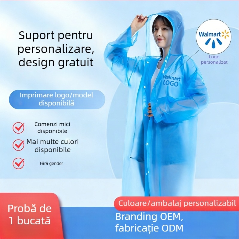 Poncho biodegradabil din PLA pentru adulți, cu glugă, acoperire totală a corpului, țesătură 12 denier, imprimare logo și personalizare